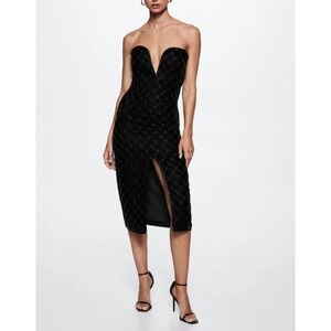 Mango MNG Black Velvet Beaded Strapless V-Neck Midi Dress 423BELLI NWT Size 2 XS